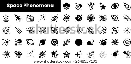A collection of various space icons representing phenomena like rockets, planets, stars, and galaxies in a minimalist black and white design.