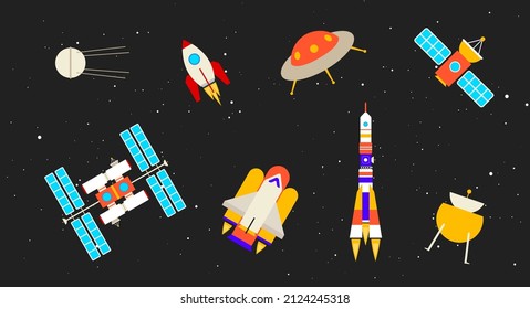 A collection of various spaceships. Space, starry sky background. Flat vector illustration isolated on black background.