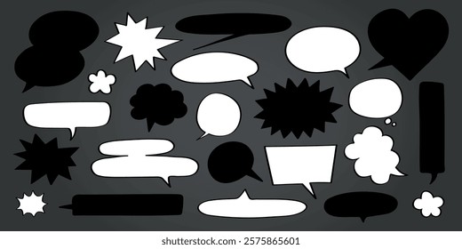 A collection of various speech bubbles in black and white. Speech bubbles of different shapes and sizes. Ideal for comics and graphic design. Speech bubbles galore. Message illustration vector.