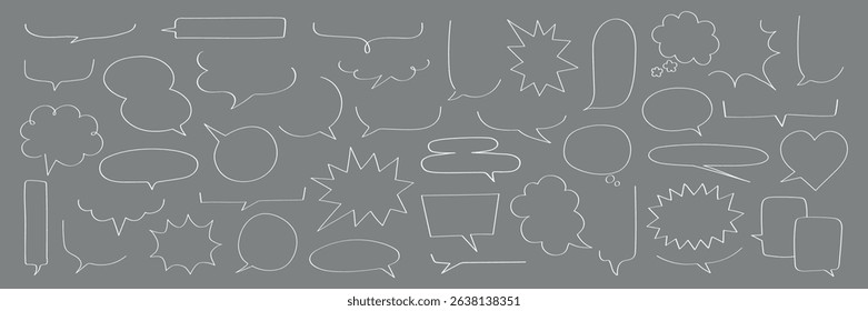 A collection of various speech bubbles in different shapes and sizes on a gray background. Speech bubbles include clouds, bursts, and rectangles. Message illustration vector.