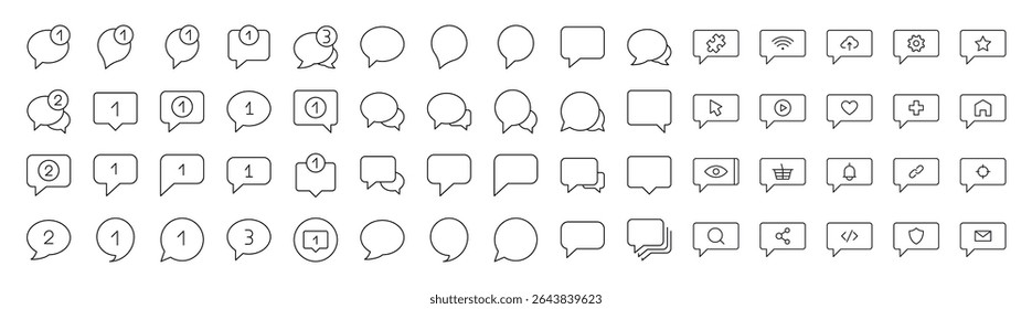 Colección de varios iconos de línea relacionados con burbujas de discurso. Signos de contorno para gráficos y Diseño web, App, anuncios, varias tarjetas