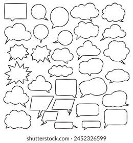 A collection of various speech and thought bubbles, each with a unique shape and design, including rounded rectangles, ovals, clouds, and jagged edges. Different styles of communication or thinking.