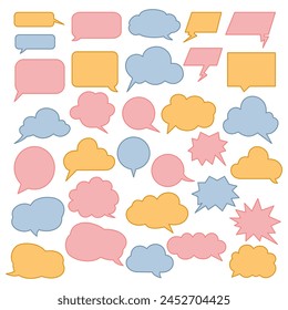 Una colección de varias burbujas de habla y pensamiento, cada una con una forma y diseño únicos, incluyendo rectángulos redondeados, óvalos, nubes y bordes dentados. Diferentes estilos de comunicación o pensamiento.