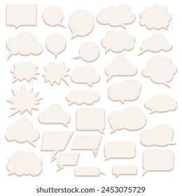A collection of various speech and thought bubbles, each with a unique shape and design, including rounded rectangles, ovals, clouds, and jagged edges. Different styles of communication or thinking.