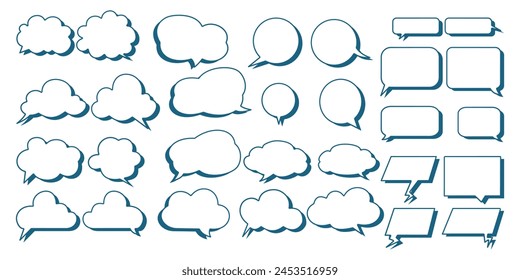 A collection of various speech and thought bubbles, each with a unique shape and design, including rounded rectangles, ovals, clouds. Different styles of communication or thinking.