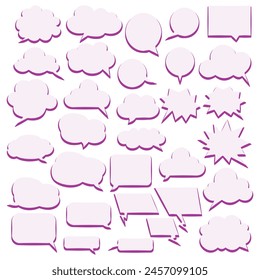 A collection of various speech and thought bubbles, each with a unique shape and design, including rounded rectangles, ovals, clouds, and jagged edges. Different styles of communication or thinking.