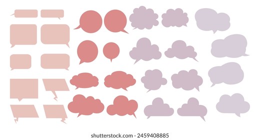 A collection of various speech and thought bubbles, each with a unique shape and design, including rounded rectangles, ovals, clouds. Different styles of communication or thinking.