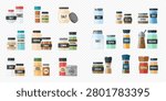 A collection of various spice jars and shakers, featuring different types of salts, peppers, and herbs in a clean, organized display.