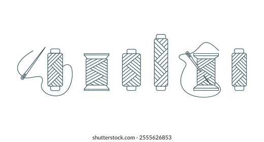 Collection of various spools of thread for sewing with a needle in line. Tools for sew hobby, handwork, tailoring, needlecraft. Isolated vector illustration in outline