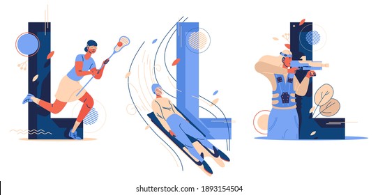 Collection of various sport starting with L. Luge sleigh riding, lacrosse and lasertag game. Women playing and training. Concept collection