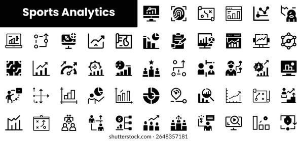 A collection of various sports analytics icons, showcasing data visualization tools, graphs, and metrics relevant to sports performance and analysis.
