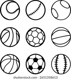 Collection of various sports balls: baseball, basketball, soccer, tennis.