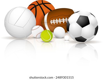 Collection of various sports balls, including basketball, soccer ball, volleyball, football, baseball, tennis ball, and golf ball - vector illustration