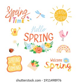 Collection various spring elements on white background in flat style. Set illustrations of flowers, birds, rainbows, quotes for design. Concept of spring. Vector illustration