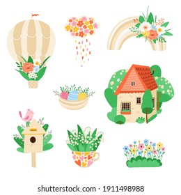 Collection various spring elements on white background in flat style. Set illustrations of flowers, birds, rainbows, quotes for design. Concept of spring. Vector illustration