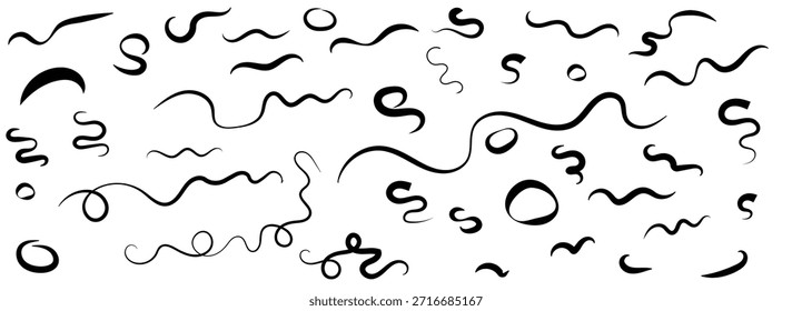 Kollektion von verschiedenen, quietschenden Linien und Kurven auf weißem oder transparentem Vektorhintergrund. Handgezeichnete gewellte Linie Doodles Collection, abstrakte gekrümmte Squiggle Strokes und minimale schwarze Tinte Scribbles.