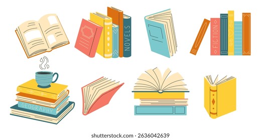  collection of various stacks and piles of books.  set of open and closed books. Educational theme. scientific and fiction literature isolated on white background