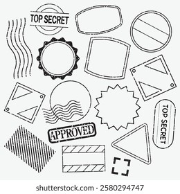 A collection of various stamp designs, including 'Top Secret' and 'Approved' stamps. Diverse shapes like circles, triangles, and rectangles are featured. Black blank stamps, vector set.