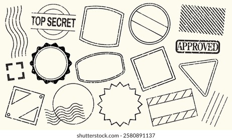 Collection of various stamp designs, including 'Top Secret' and 'Approved' stamps. Features circles, squares, and triangles in diverse patterns. Black blank stamps, vector set.