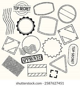 Collection of various stamp designs, including 'Top Secret' and 'Approved' labels. Stamps feature diverse shapes and patterns on lined paper. Black blank stamps, vector set.