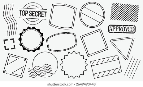 Collection of various stamp designs, including 'Top Secret' and 'Approved' labels. Features circles, squares, and triangles in different styles. Black blank stamps, vector set.