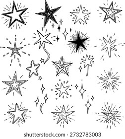 Collection of various star shapes and designs with lines and sparkles on white background