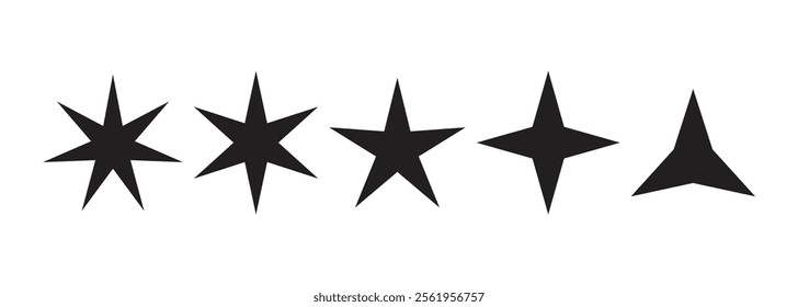 A collection of various star shapes, in solid black, against a pure white background.