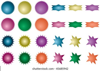 Collection of various starburst shapes; each filled with 6 different gradient colors.