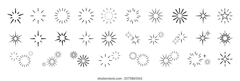 Collection of various starburst and sparkle icons in black and white. Different styles of starburst designs. Perfect for adding sparkle to designs. Sparkles element vector set.