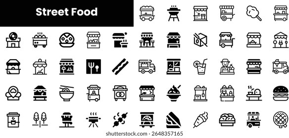 A collection of various street food icons illustrating diverse culinary offerings in black and white, showcasing food trucks, stalls, and popular dishes.
