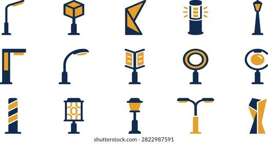 A collection of various street lamp designs and outdoor lighting fixtures presented as a set of flat vector icons.