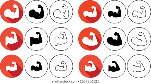 A collection of various strong arm muscle icons in different styles and color schemes