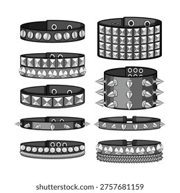Collection of various studded leather bracelets, wristbands, and bangles presenting stylish metal spikes, studs, and chains, symbolizing alternative fashion, punk, and rock culture
