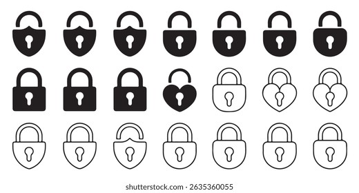 Coleção de vários ícones de estilo padlock símbolos de segurança e proteção silhuetas e contornos
