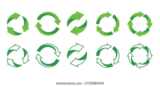 Coleção de vários símbolos de reciclagem verde estilo, ícone de reciclagem, símbolos de vetor de reciclagem verde, ilustrando práticas sustentáveis e esforços de proteção ambiental
