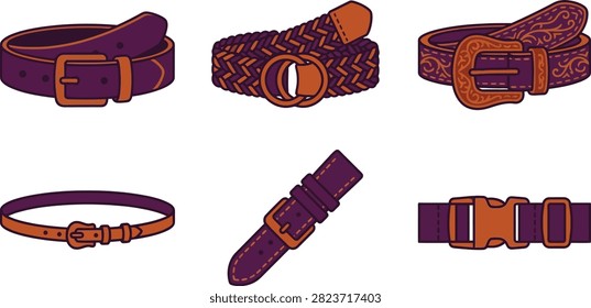 A collection of various styles of belts including leather, braided, and utility designs in purple and brown tones on a white background.