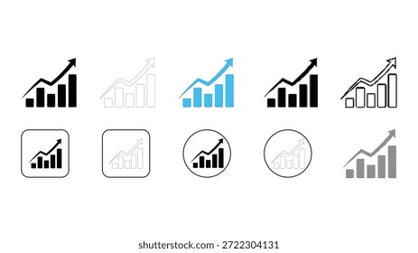 Colección de varios estilos de íconos de gráficos de crecimiento con un gráfico de barras con una flecha de tendencia ascendente, que representa el progreso del negocio, el éxito financiero, el análisis de datos y las tendencias positivas del mercado en