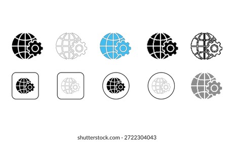 A collection of various styles of icons representing global settings, configuration, or network management, featuring a globe overlaid with a gear symbol in different formats like solid, outline, colo