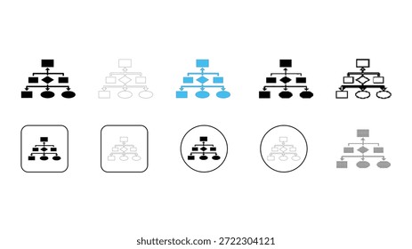 Uma coleção de vários estilos de ícones de organograma, incluindo preto sólido, contorno, azul colorido e diferentes formas de contêiner, como quadrado e círculo, representando hierarquia e estrutura.