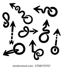 Uma coleção de várias setas pretas estilizadas e símbolos direcionais com loops, curvas e linhas pontilhadas, isoladas em um fundo branco limpo.