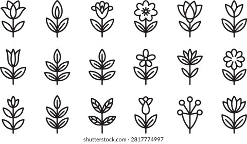 Collection of various stylized black line floral icons with transparent background