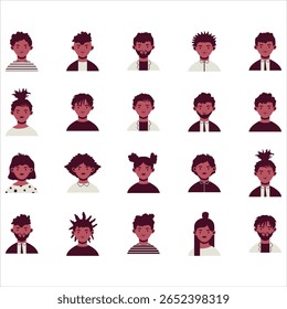 Collection of various stylized cartoon portraits of men and women. Each portrait is presented as a simple graphic design element, exhibiting a wide range of hair styles and expressions. 