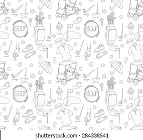Collection of various stylized hand drawn Golf icons, Golf Equipment vector illustration, golf clubs, golf course seamless background
