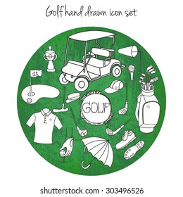 Collection of various stylized hand drawn Golf icons, Golf Equipment vector illustration set, golf clubs, golf course background, doodle elements, golf car, clubs, clothes and shoes, sketch