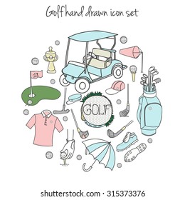 Colección de varios iconos estilizados dibujados a mano de golf, equipo de golf conjunto de Ilustración vectorial, palos de golf, fondo de campo de golf, Elementos de garabatos, coche de golf, clubes, ropa y zapatos, boceto