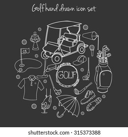 Collection of various stylized hand drawn Golf icons, Golf Equipment vector illustration set, golf clubs, golf course background, doodle elements, golf car, clubs, clothes and shoes, sketch