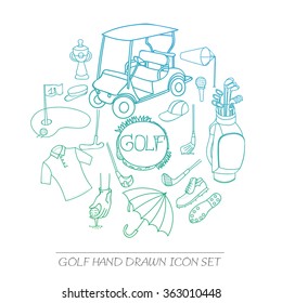 Collection of various stylized hand drawn Golf icons, Golf Equipment vector illustration, golf clubs, golf course background, doodle elements, golf cart, clubs, clothes and shoes sketch 