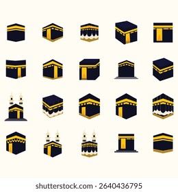 Collection of various stylized illustrations of Islamic religious buildings, including mosques and the Kaaba.  The illustrations are in a flat design style, featuring dark blue and gold yellow colors.