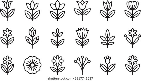 Collection of various stylized line art flowers with transparent background for design projects
