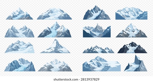 A collection of various stylized mountain ranges, peaks, and glaciers, showcasing different snowy landscapes and icy formations.